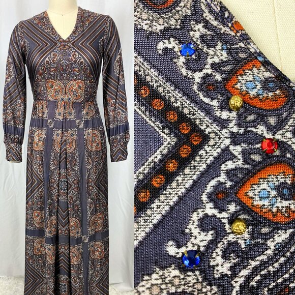 Vintage Bernie Bee hostess maxi dress paisley studded rhinestone small medium - Picture 1 of 4